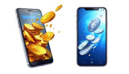 Smartphone with Coins Flying Out of Screen Bundle: Mobile Finance Concept Isolated on Transparent Background