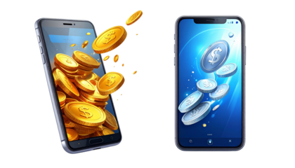 Smartphone with Coins Flying Out of Screen Bundle: Mobile Finance Concept Isolated on Transparent Background