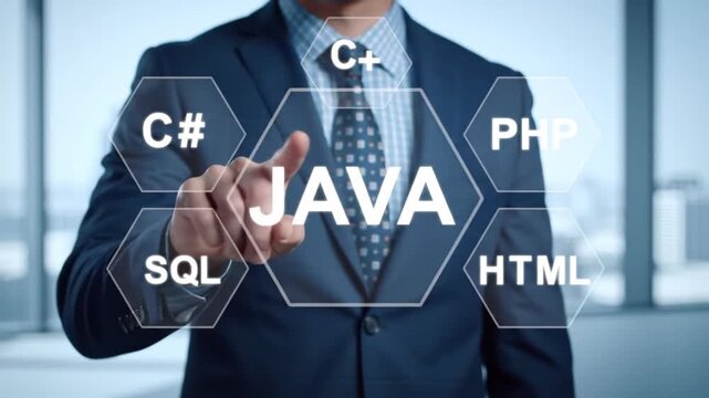Business Man Tapping Java Programming Language Concept On Screen