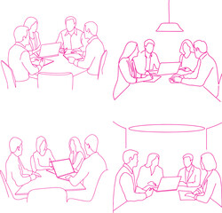 Business meeting illustration with people gathered around a table with a laptop and Continuous line drawing