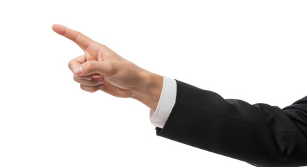 Isolated arm gesturing forward in business attire, pointing toward the viewer or something ahead