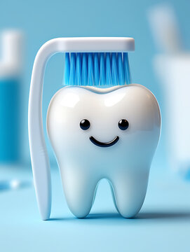 Cute cartoon tooth character being brushed by a toothbrush with blue bristles on a light blue background