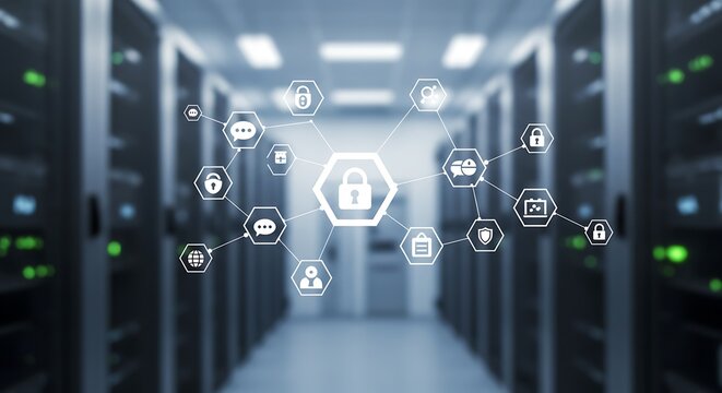 Secure data network connecting servers with digital lock, offering peace of mind for cybersecurity professionals and business leaders today