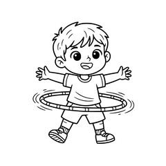 Boy playing hula hoop outdoor outline illustration