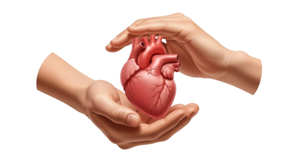 Isolated anatomical heart in hands for transplant, health care or medical illustration