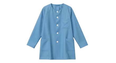 Isolated light blue medical or laboratory coat garment with buttons and pockets item