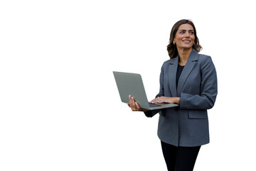 Professional businesswoman holding laptop, smiling, looking away, reflecting success, growth, and future vision with transparent background