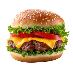 Delicious cheeseburger with lettuce tomato and melted cheese isolated on transparent background