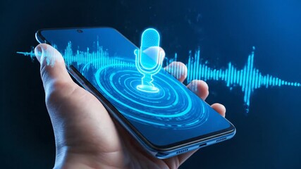 Hand Holding Smartphone with Holographic Microphone and Soundwave on Dark Blue - Powered by Adobe