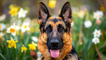 German Shepherd in flowers