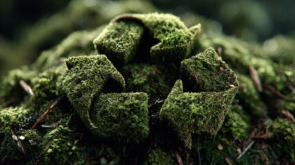 A moss covered recycle symbol on a mossy forest floor.