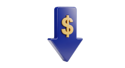 Isolated blue arrow with a dollar sign pointing downwards, indicating monetary loss