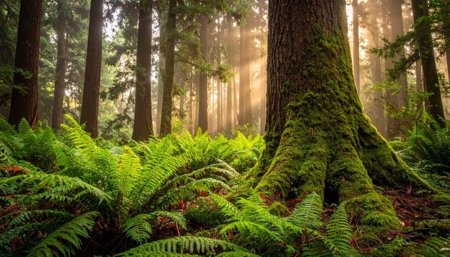 Large ferns and moss growing around the base of a solitary tree trunk