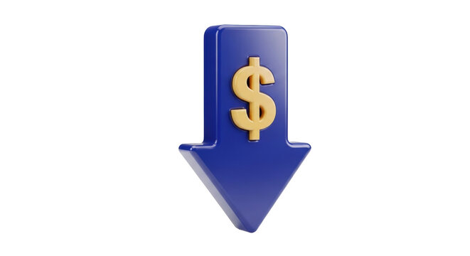 Isolated blue arrow with a dollar sign pointing downwards, indicating monetary loss