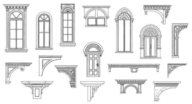 Architectural Elements Vector Icons Classic Windows, Doors, and Brackets