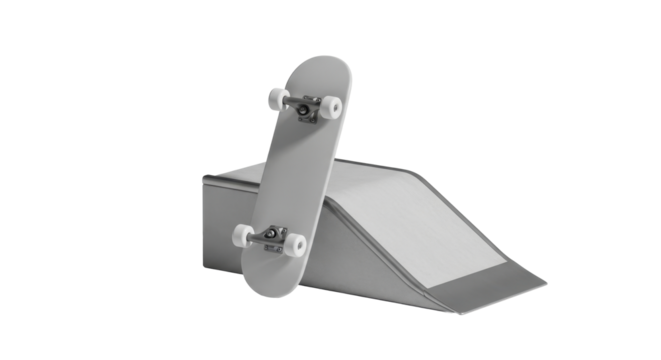 A skateboard stands upright against a ramp, both rendered in shades of gray and white on a white background.