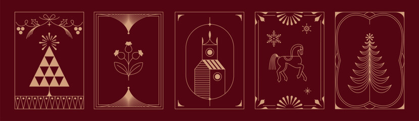 Vector Christmas and New Year design templates for advent calendars, greeting cards, packaging, prints, banners, and minimal graphics in a linear style