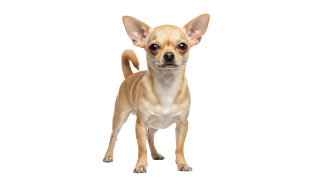 Isolated purebred Chihuahua dog with a tan coat is standing alert and looking forward