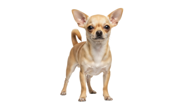 Isolated purebred Chihuahua dog with a tan coat is standing alert and looking forward