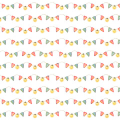 Seamless pattern with flags and lights. Hand-painted watercolor illustration isolated on white for printing on textile, packaging, cards, invitations, posters, backgrounds, holiday, party decor