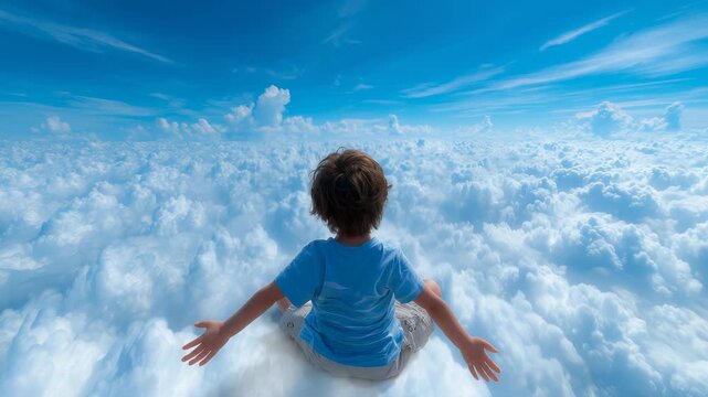 Young boy suspended amid billowing white clouds, experiencing magical moment of pure imagination and freedom. Aerial perspective reveals expansive sky backdrop with soft lighting.