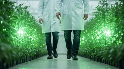 Two scientists in lab coats walking through a hydroponic greenhouse with vibrant green plants and glowing lights