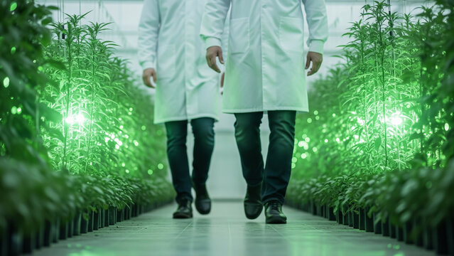 Two scientists in lab coats walking through a hydroponic greenhouse with vibrant green plants and glowing lights