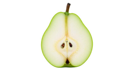 Isolated Half Green Pear Fruit, Cross Section with Stem and Core, Organic, Healthy Food
