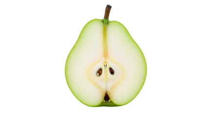 Isolated Half Green Pear Fruit, Cross Section with Stem and Core, Organic, Healthy Food