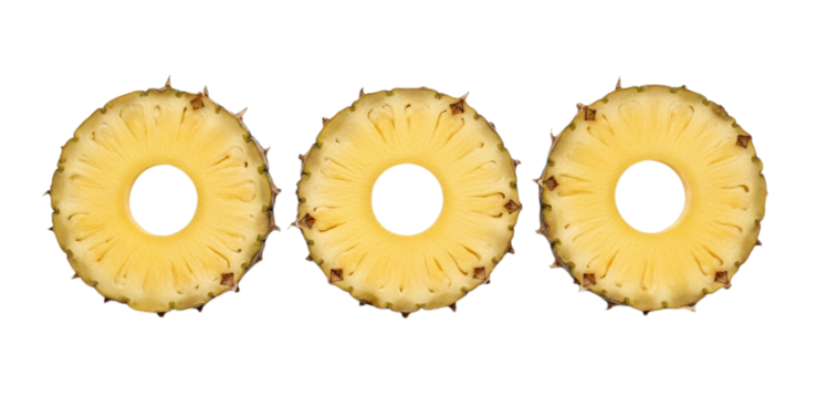 Fresh Pineapple Rings Trio Aligned in a Row on White Background.png
