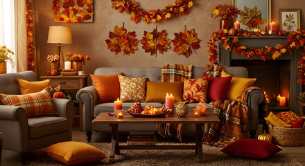 Beige Couch and Fall Decor Create a Cozy, Inviting Atmosphere in Autumn Living Room