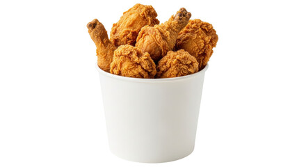 Isolated bucket of fried chicken is shown on a white surface, golden brown and crispy © Maros