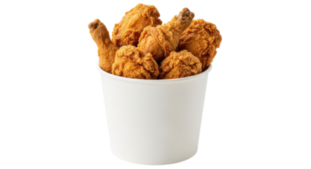 Isolated bucket of fried chicken is shown on a white surface, golden brown and crispy