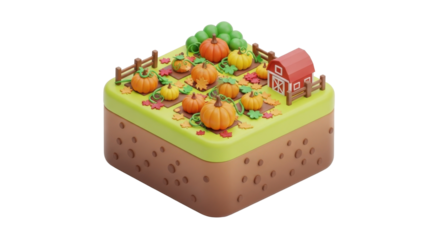 Miniature pumpkin patch scene with a red barn, fence, and green tree on a square platform.