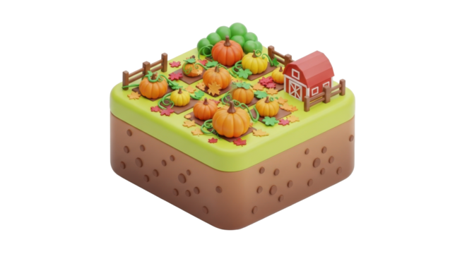 Miniature pumpkin patch scene with a red barn, fence, and green tree on a square platform.