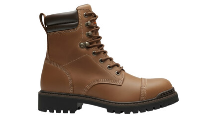 Isolated Work Boot with Laces, Dark Sole and Brown Leather Upper for Construction or Outdoor Use