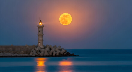 Fototapeta premium Lighthouse and Full Moon Over Calm Sea at Dusk moonrise