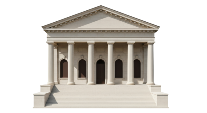 Isolated classical stone building front view featuring columns and multiple stairway steps