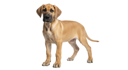 Isolated Great Dane puppy dog standing side view looking at camera, fawn color, attentive