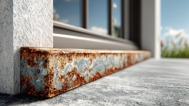 Close-up of a heavily rusted and oxidized metal beam at the base of a modern building, showcasing extreme weathering and decay texture. - Powered by Adobe
