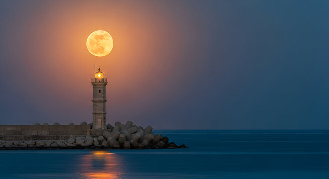 Lighthouse with full moon at dusk over the sea twilight - Powered by Adobe