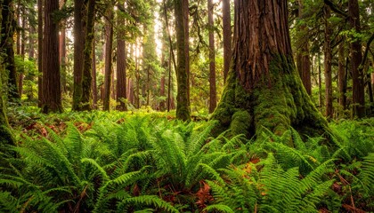 Obraz premium Large ferns and moss growing around the base of a solitary tree trunk