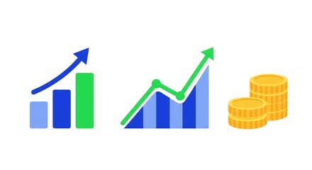 A set of three flat icons representing financial growth, investment success, and profit with bar charts and coins.