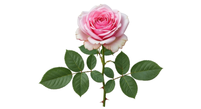 Isolated pink rose blossom with green leaves, cut-out flower for packaging or design element