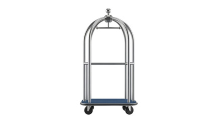 Isolated bellhop luggage cart for hotel guest service with silver stainless steel frame