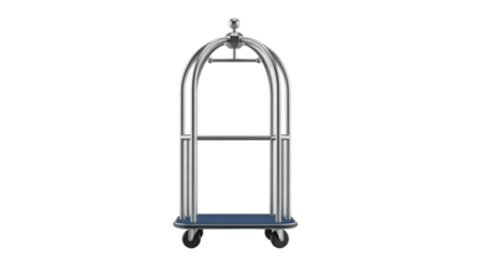 Isolated bellhop luggage cart for hotel guest service with silver stainless steel frame