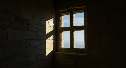 Obraz premium Cross-shaped window casting shadows on ancient stone walls