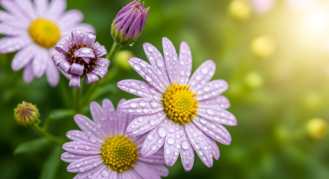 Delicate purple daisies with water droplets in soft sunlight
