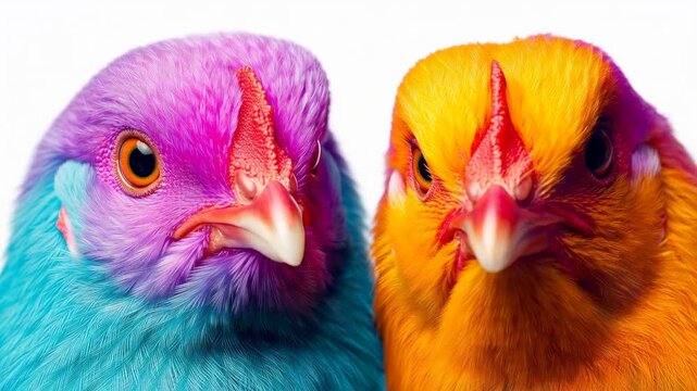 Colorful chickens close-up showcasing vibrant plumage