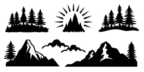 Vector Silhouette Set of Landscapes Mountain Sunrise Plain Horizon and Forest Trees